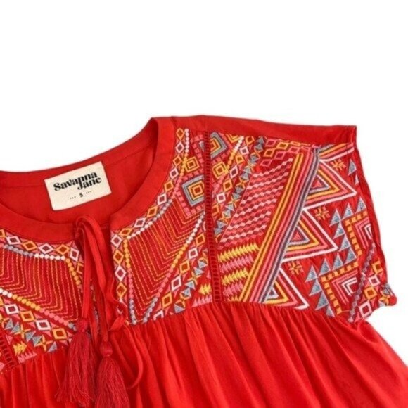 Savanna Jane Embroidered Red Short Sleeve Blouse with Tassel Ties - Picture 5 of 7